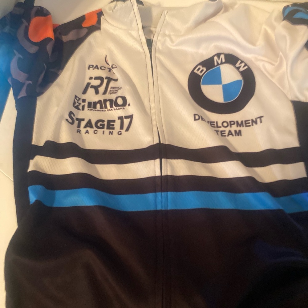 Pact Cycling Jersey in White, Black & Blue with Orange Accent